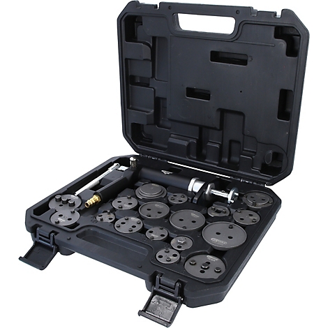 Schwarzer Werkzeugkoffer mit Bremssattel-Rückstellwerkzeug und verschiedenen Adaptern.